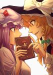  2girls absurdres bangs black_vest blonde_hair blunt_bangs book bow braid collared_shirt commentary covered_mouth eyebrows_visible_through_hair from_side green_bow green_ribbon hat hat_bow highres holding holding_book kirisame_marisa mob_cap multiple_girls mushroom open_mouth patchouli_knowledge profile purple_hair red_bow red_neckwear red_ribbon ribbon royl shirt simple_background single_braid touhou vest violet_eyes white_background white_bow white_ribbon white_shirt witch_hat yellow_eyes 