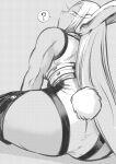  1girl ? animal_ears ass bare_shoulders boku_no_hero_academia bunny_tail commentary_request dot_mouth from_behind greyscale highres leotard long_hair looking_back mirko monochrome muscular muscular_female nstime23 rabbit_ears sitting solo spoken_question_mark tail thigh-highs very_long_hair 