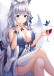  1girl absurdres animal_ear_fluff animal_ears ass azur_lane bare_shoulders blue_butterfly blue_collar blue_dress blue_eyes blue_flower breasts bug butterfly center_opening collar crossed_legs cup dress drinking_glass evening_gown feather_boa flower fox_ears hair_flower hair_ornament halter_dress halterneck highres holding holding_cup insect kitsune kyuubi large_breasts large_tail long_hair looking_at_viewer multiple_tails official_alternate_costume shinano_(azur_lane) shinano_(light_of_the_hazy_moon)_(azur_lane) silver_hair sleeveless sleeveless_dress solo tail thighs tsuki_no_kitsune very_long_hair white_dress white_tail wine_glass wrist_flower 