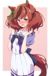  1girl animal_ears bangs blush bow brown_eyes brown_hair eyebrows_visible_through_hair green_bow green_ribbon hair_bow highres horse_ears horse_girl horse_tail looking_at_viewer mel_(melty_pot) multicolored_hair nice_nature_(umamusume) nose_blush open_mouth pink_background redhead ribbon school_uniform short_hair short_sleeves skirt solo streaked_hair tail twintails two-tone_background umamusume white_background white_skirt 