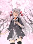  1girl amatsukaze_(kancolle) annin_musou black_jacket black_legwear blush buttons cherry_blossoms closed_eyes cowboy_shot eyebrows_visible_through_hair grey_hoodie hair_between_eyes hair_tubes hood hoodie jacket kantai_collection long_hair long_sleeves official_alternate_costume open_mouth petals silver_hair smile solo thigh-highs two_side_up windsock 