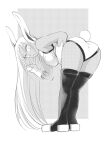  1girl animal_ears ass bare_shoulders boku_no_hero_academia breasts bunny_tail from_behind full_body fur_collar gloves greyscale highres long_hair looking_at_viewer looking_back mirko monochrome nstime23 rabbit_ears solo standing tail thigh-highs v very_long_hair 