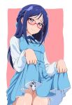  1girl acchi_(koiyimknp) animal_print blue_bow blue_dress blue_eyes blue_hair blue_ribbon blush border bow braid collared_shirt commentary_request cow_print cowboy_shot dokidoki!_precure dress dress_lift embarrassed french_braid frilled_dress frills from_below glasses hair_bow half-closed_eyes highres hishikawa_rikka long_hair long_sleeves looking_at_viewer neck_ribbon nose_blush outside_border panties panty_peek pink_background precure print_panties raised_eyebrows red-framed_eyewear ribbon shadow shiny shiny_hair shiny_skin shirt solo sweat thighs underwear wavy_mouth white_border white_shirt 