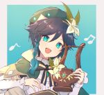  1boy androgynous bangs beret black_hair blue_background blue_hair bow braid brooch cape collared_cape collared_shirt commentary_request eyebrows_visible_through_hair flower frilled_sleeves frills gem genshin_impact gradient_hair green_eyes green_headwear hat hat_flower holding holding_instrument instrument jewelry leaf long_sleeves looking_at_viewer lyre male_focus multicolored_hair musical_note open_mouth shirt short_hair_with_long_locks simple_background smile solo tadaooooononon twin_braids venti_(genshin_impact) white_flower white_shirt 