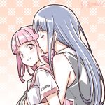  2girls blue_hair blush braid closed_eyes hug hug_from_behind long_hair low_ponytail magia_record:_mahou_shoujo_madoka_magica_gaiden mahou_shoujo_madoka_magica multiple_girls nanami_yachiyo pink_hair school_uniform serafuku shirt sleeveless sleeveless_shirt smile studiozombie tamaki_iroha upper_body yuri 