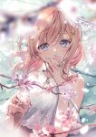  1girl bare_shoulders blonde_hair blue_eyes blurry blurry_foreground blush cherry_blossoms closed_mouth finger_in_mouth flower food hair_ornament hairclip highres holding holding_food ice_cream_cone kagawa_ichigo looking_at_viewer medium_hair nail_polish original petals shirt smile solo tree tree_branch white_shirt 