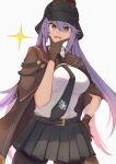  1girl :d azur_lane bangs belt black_belt black_legwear black_skirt blue_hair breasts brown_cloak brown_gloves chin_stroking cloak collared_shirt commentary_request cowboy_shot deerstalker detective eagle_union_(emblem) essex_(azur_lane) eyebrows_visible_through_hair gloves hair_between_eyes hand_on_hip hat highres large_breasts long_hair looking_at_viewer marshall_k necktie open_mouth pantyhose partial_commentary pleated_skirt shirt sidelocks simple_background skirt smile solo sparkle standing thighband_pantyhose twintails very_long_hair white_background white_shirt 