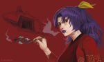  1girl artist_request blowing_smoke highres holding holding_pipe japanese_clothes kimono kiseru komakusa_sannyo lipstick long_hair looking_at_viewer makeup open_mouth pipe purple_hair purple_lips red_background red_eyes red_robe ribbon simple_background smoking solo tobacco touhou upper_body yellow_ribbon 