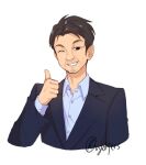  1boy artist_name black_hair blue_shirt collared_shirt english_commentary facial_hair formal highres hololive looking_at_viewer male_focus one_eye_closed shirt smile solo stubble suit thumbs_up upper_body vyolfers white_background yagoo 
