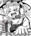  &gt;_&lt; 1girl bow braid bseibutsu commentary_request cookie_(touhou) drinking_straw fang greyscale hair_bow hat hat_bow headset keyboard_(computer) kirisame_marisa monochrome open_mouth single_braid smile solo touhou translation_request uzuki_(cookie) van_houten witch_hat 