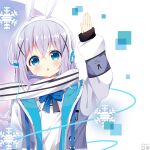  1girl animal_ears arm_up artist_name bangs blue_bow blue_eyes bow bunny_ear_headphones chestnut_mouth deyui eyebrows_visible_through_hair fake_animal_ears gochuumon_wa_usagi_desu_ka? grey_hair hair_between_eyes hair_ornament headphones highres jacket kafuu_chino long_sleeves looking_at_viewer open_clothes open_jacket parted_lips puffy_long_sleeves puffy_sleeves rabbit_ears scarf shirt sleeves_past_wrists snowflake_background solo white_jacket white_scarf white_shirt x_hair_ornament 