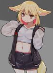  1girl animal_ear_fluff animal_ears bangs black_skirt black_vest blonde_hair blunt_bangs breasts brown_eyes closed_mouth collarbone commentary_request cowboy_shot crop_top eyebrows_visible_through_hair fennec_(kemono_friends) fox_ears fox_tail grey_background hands_up highres kemono_friends long_sleeves looking_at_viewer medium_breasts medium_hair midriff navel open_clothes open_vest shirt simple_background skirt sleeves_past_wrists smile solo standing suicchonsuisui tail two-tone_background vest wall white_shirt 