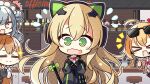  &gt;_&lt; +_+ 4girls 7:08 animal_ears bangs blonde_hair blush blush_stickers brown_hair cafe cat_ear_headphones chair character_request cheering chibi closed_eyes commentary_request embarrassed eyebrows_visible_through_hair eyewear_on_head f fake_animal_ears gift girls_frontline green_eyes hair_between_eyes hair_ornament hair_ribbon headphones highres holding holding_gift kalina_(girls_frontline) long_hair long_sleeves looking_at_viewer m1903_springfield_(girls_frontline) multiple_girls open_mouth orange_hair ribbon sidelocks smile star_(symbol) sunglasses table tail tail_ornament tmp_(girls_frontline) upper_body 