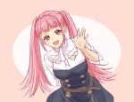  1girl :d ascot bangs belt black_dress breasts brown_belt commentary_request cowboy_shot dress fire_emblem fire_emblem:_three_houses garreg_mach_monastery_uniform hand_up hilda_valentine_goneril long_hair looking_at_viewer medium_breasts open_mouth pink_background pink_eyes pink_hair shio_robin shirt simple_background smile solo twintails white_neckwear white_shirt 