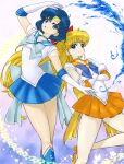  2girls :o absurdres aino_minako back_bow bishoujo_senshi_sailor_moon blonde_hair blue_bow blue_eyes blue_footwear blue_hair blue_neckwear blue_sailor_collar blue_skirt boots bow brooch choker circlet closed_mouth cowboy_shot elbow_gloves gloves hair_bow highres huge_filesize hydrokinesis inner_senshi jewelry knee_boots long_hair looking_at_viewer magical_girl memory_(prophet5) mizuno_ami multiple_girls open_mouth orange_footwear orange_neckwear orange_sailor_collar orange_skirt pleated_skirt purple_background red_bow sailor_collar sailor_mercury sailor_senshi sailor_senshi_uniform sailor_venus shoes short_hair skirt smile star_(symbol) star_choker super_sailor_mercury super_sailor_venus venus_love_me_chain water white_gloves yellow_bow 