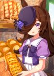  1girl :d ame. baguette bangs black_headwear blue_flower blue_rose blush bow bread brick_wall brown_hair commentary_request eyebrows_visible_through_hair flower food hair_over_one_eye hat hat_flower highres holding looking_at_viewer open_mouth pleated_skirt puffy_short_sleeves puffy_sleeves purple_bow purple_shirt rice_shower_(umamusume) rose school_uniform shirt short_sleeves skirt smile solo standing tilted_headwear tracen_school_uniform umamusume violet_eyes white_skirt 