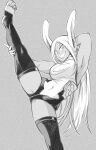  1girl animal_ears arm_up armpits bangs bare_shoulders boku_no_hero_academia breasts commentary_request greyscale grin highres leg_hold leotard long_hair looking_at_viewer mirko monochrome nstime23 parted_bangs rabbit_ears smile solo split standing standing_on_one_leg standing_split thigh-highs 
