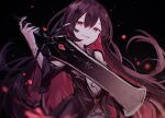  1girl arcaea bangs bare_shoulders black_background black_dress black_hair blood blood_splatter bracelet clothing_cutout commentary dress hair_between_eyes highres holding holding_sword holding_weapon jewelry long_sleeves mir_(arcaea) miyu_(miy_u1308) multicolored_hair parted_lips red_eyes redhead shoulder_cutout simple_background smirk solo sword two-tone_hair upper_body weapon 