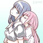  2girls blue_hair braid closed_eyes hug hug_from_behind long_hair low_ponytail magia_record:_mahou_shoujo_madoka_magica_gaiden mahou_shoujo_madoka_magica multiple_girls nanami_yachiyo pink_hair school_uniform serafuku smile studiozombie tamaki_iroha upper_body yuri 