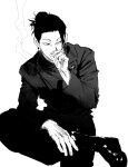  1boy absurdres cigarette cowboy_shot ear_piercing gakuran getou_suguru greyscale hair_bun hair_pulled_back highres hk_(i2r) holding holding_cigarette jacket jujutsu_kaisen long_sleeves looking_away male_focus monochrome pants piercing school_uniform shoes short_hair simple_background sitting sketch smoke smoking solo tsurime 