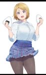  1girl :o alp bangs black_border black_legwear blue_skirt blush border breasts collared_shirt feet_out_of_frame food high-waist_skirt highres holding holding_food koizumi_hanayo large_breasts light_brown_hair looking_at_viewer love_live! love_live!_school_idol_project miniskirt onigiri open_mouth otonokizaka_school_uniform pantyhose petticoat pleated_skirt round_teeth school_uniform shirt shirt_tucked_in short_hair simple_background skirt sleeves_pushed_up solo standing swept_bangs teeth tented_shirt thighband_pantyhose violet_eyes white_background white_shirt wing_collar 