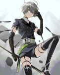  1boy arene_(arknights) arknights belt black_gloves black_jacket black_legwear black_shorts elbow_gloves expressionless gloves green_eyes grey_hair halo hayama_eishi highres holding jacket looking_down male_focus short_hair short_shorts short_sleeves shorts solo thigh-highs 