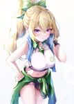  1girl :o absurdres bangs black_shorts blonde_hair blue_towel blush bow breasts chloe_(princess_connect!) clothes_around_waist collared_shirt commentary_request eyebrows_visible_through_hair green_bow green_jacket hair_bow highres jacket jacket_around_waist large_breasts leaning_forward long_hair looking_at_viewer navel pointy_ears ponytail princess_connect! princess_connect!_re:dive shirt short_shorts shorts sidelocks sleeveless sleeveless_shirt solo standing sweat takemura_kou thighs tied_shirt towel towel_around_neck violet_eyes white_shirt wrist_cuffs 