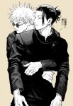  2boys absurdres brown_background closed_mouth cowboy_shot ear_piercing gakuran getou_suguru gojou_satoru greyscale hair_bun hair_pulled_back highres hk_(i2r) hug hug_from_behind jacket jujutsu_kaisen long_sleeves looking_away male_focus monochrome multiple_boys piercing profile round_eyewear school_uniform short_hair simple_background spiky_hair standing sunglasses translation_request 