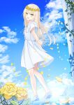  1girl :d bangs blonde_hair blue_sky blush center_frills clouds cloudy_sky column dress facing_away floating_hair flower frills from_behind full_body green_eyes head_wreath highres ivy leaf leaves_in_wind long_hair looking_at_viewer open_hand open_mouth original outstretched_arm pillar senri_(senri_sen) shoes short_sleeves sky smile solo walking white_dress white_footwear wind 