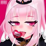  1girl candy food highres hololive hololive_english lollipop mori_calliope nahrimon pink_eyes pink_hair razor_blade shoulder_spikes solo spikes tongue tongue_out veil virtual_youtuber 