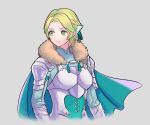  1girl armor blonde_hair breastplate cape commentary_request fire_emblem fire_emblem:_three_houses fur_trim green_cape green_eyes green_ribbon grey_background hair_ribbon ingrid_brandl_galatea parted_lips pauldrons ribbon shio_robin short_hair shoulder_armor simple_background solo upper_body 