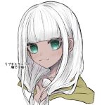  1girl :3 bangs blunt_bangs blush closed_mouth collarbone commentary_request cropped_shoulders dangan_ronpa_(series) dangan_ronpa_v3:_killing_harmony dark_skin dark-skinned_female eyebrows_visible_through_hair face green_eyes grey_background jewelry long_hair looking_at_viewer low_twintails necklace seunohala shell_necklace simple_background smile solo translation_request twintails white_background white_hair yonaga_angie 