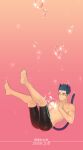  1boy abs animal_ears bike_shorts black_hair brown_eyes bubble cat_ears cat_tail falling glasses gradient gradient_background highres hunterkay looking_at_object male_focus muscular no_nipples orginial short_hair solo tail toned toned_male 