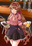  1girl alcohol bangs bar beer beer_mug black_skirt blouse blunt_bangs brown_hair chair commentary_request cowboy_shot cup eyebrows_visible_through_hair flower food french_fries green_eyes hair_flower hair_ornament hairband helena_(kancolle) kantai_collection long_hair mayura2002 mug official_alternate_costume pink_blouse red_hairband skirt solo steak striped striped_skirt waitress 