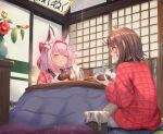  2girls alternate_costume animal_ear_fluff animal_ears azur_lane bow brown_hair chopsticks closed_eyes eating fox_ears from_side hair_ornament hairpin hanazuki_(azur_lane) highres horns indoors japanese_clothes kimono kotatsu long_hair mogami_(azur_lane) multiple_girls nose_(oekaki1825) pink_bow pink_hair pink_kimono plant red_eyes sakura_empire_(emblem) single_horn table vase white_legwear 