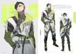  1boy adapted_costume animification apex_legends black_eyes black_footwear black_hair boots crypto_(apex_legends) green_sweater grey_pants hack_(apex_legends) hands_in_pockets highres jacket jewelry male_focus multiple_views necklace pants reference_sheet ribbed_sweater sweater thundergotch white_jacket 