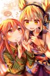  2girls :d :i absurdres bangs bare_shoulders blonde_hair blush bracelet breasts closed_mouth collarbone collared_shirt commentary_request earmuffs english_text eye_contact eyebrows_visible_through_hair green_shirt hair_between_eyes hata_no_kokoro highres index_finger_raised itsumizu jewelry long_hair long_sleeves looking_at_another medium_breasts multiple_girls nail_polish notice_lines open_mouth orange_skirt pink_eyes pink_hair pink_nails plaid plaid_shirt pointy_hair purple_nails purple_neckwear purple_skirt shirt short_hair skirt sleeveless sleeveless_shirt small_breasts smile spoken_expression thought_bubble touhou toyosatomimi_no_miko upper_body yellow_eyes 