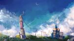  absurdres antennae blue_sky building cliff clouds cloudy_sky crescent_moon day flower fuyunoyuki grass highres landscape moon nature no_humans original outdoors power_lines rock scenery sky utility_pole 
