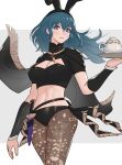  1girl animal_ears bangs blue_eyes blue_hair breasts byleth_(fire_emblem) byleth_eisner_(female) fire_emblem fire_emblem:_three_houses fire_emblem_heroes gonzarez hair_ornament highres large_breasts long_hair looking_at_viewer medium_hair navel pantyhose rabbit_ears short_hair simple_background solo tea white_background 