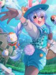  1girl :d alternate_costume animal_ear_fluff animal_ears aqua_bow aqua_neckwear aqua_vest bangs basket black_legwear blue_hair blue_headwear blue_shorts blush bow bowtie braid brown_gloves bunny-shaped_pupils bunny_tail day easter easter_egg egg frilled_bow frills fur-trimmed_gloves fur_trim gloves hair_bow hat highres hololive looking_at_viewer magowasabi mary_janes multicolored_hair open_mouth orange_eyes outdoors outstretched_arm pantyhose puffy_shorts rabbit_ears rabbit_girl shirt shoes short_eyebrows shorts sidelocks signature sky smile solo standing standing_on_one_leg tail thick_eyebrows town twin_braids twintails twitter_username two-tone_hair usada_pekora vest virtual_youtuber white_bow white_footwear white_hair white_shirt 