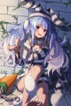  1girl absurdres against_wall animal_ears bangs bare_shoulders barefoot blue_hair blush bound bound_wrists braid chain collar dot_nose eyebrows_visible_through_hair feet_out_of_frame hair_between_eyes highres hikimayu hololive knee_up long_hair long_sleeves looking_at_viewer no_pants off-shoulder_shirt off_shoulder open_mouth orange_eyes parted_bangs prison_clothes rabbit_ears rabbit_girl rope shirt short_eyebrows sidelocks sitting skull solo sooon stone_wall striped striped_headwear striped_shirt thick_eyebrows torn_clothes twin_braids upper_teeth usada_pekora virtual_youtuber wall white_hair 
