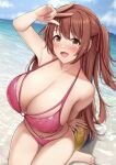  1girl :d barefoot beach bikini blue_sky breasts brown_eyes brown_hair clouds collarbone commentary_request curvy day fou_zi hair_ribbon hand_up highres huge_breasts long_hair looking_at_viewer nozomi_(princess_connect!) o-ring o-ring_bikini o-ring_bottom o-ring_top ocean open_mouth outdoors pink_bikini princess_connect! princess_connect!_re:dive red_ribbon ribbon sitting sky smile solo swimsuit toes v 