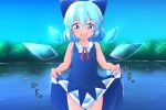  1girl bangs bare_shoulders blue_dress blue_eyes blue_hair blue_ribbon blue_sky blue_theme blue_wings buttons child cirno collared_shirt commentary_request cowboy_shot day dress dress_lift eyebrows_visible_through_hair flat_chest gradient_sky hair_ribbon hands_up happy ice ice_wings katsura_dendou lifted_by_self looking_at_viewer neck_ribbon open_mouth outdoors pinafore_dress red_neckwear red_ribbon reflection ribbon shiny shiny_skin shirt short_hair sidelocks sky sleeveless sleeveless_dress sleeveless_shirt smile solo straight-on teeth touhou translation_request tree water white_shirt wings 