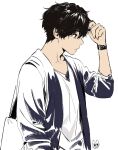  1boy artist_logo bag bangs black_hair closed_mouth collarbone from_side green_eyes grey_jacket hand_in_hair hand_up highres hyouka jacket long_sleeves male_focus mery_(yangmalgage) oreki_houtarou profile shirt signature simple_background sleeves_past_elbows solo upper_body watch watch white_background 