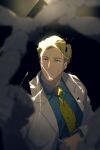  1boy blonde_hair blue_eyes blue_shirt blurry blurry_foreground cis05 collared_shirt dress_shirt formal grey_jacket grey_suit jacket jujutsu_kaisen light_rays long_sleeves looking_away male_focus nanami_kento necktie parted_lips shirt short_hair solo upper_body yellow_neckwear 