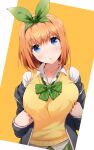  1girl :o asou_(asabu202) bangs blue_eyes blush bow bowtie breasts cardigan commentary_request go-toubun_no_hanayome green_hairband green_neckwear hairband highres large_breasts looking_at_viewer nakano_yotsuba orange_hair school_uniform short_hair solo yellow_cardigan 