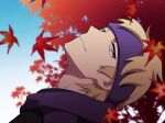  1boy autumn_leaves black_sweater blonde_hair closed_mouth commentary_request from_side gym_leader head_back looking_at_viewer male_focus morty_(pokemon) pokemon pokemon_(game) pokemon_hgss purple_headband purple_scarf scarf short_hair smile solo sweater violet_eyes y_(036_yng) 