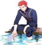  1boy closed_mouth commentary_request dratini gen_1_pokemon grey_eyes holding holding_pokemon jacket lance_(pokemon) long_sleeves looking_down male_focus pants pants_rolled_up pokemon pokemon_(creature) pokemon_(game) pokemon_hgss redhead short_hair sitting sleeves_rolled_up smile soaking_feet spiky_hair water watermark y_(036_yng) 