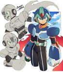  1boy android arm_cannon armor arms_at_sides belt black_bodysuit blue_headwear blue_sky bodysuit closed_mouth clouds commentary_request copyright_name cropped_legs dated english_text forehead_jewel green_eyes helmet iroyopon looking_at_viewer looking_to_the_side male_focus mega_man_(series) mega_man_x:_command_mission mega_man_x_(character) mega_man_x_(series) multiple_views open_mouth partially_colored serious signature sky smile standing sweatdrop weapon white_belt 