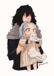  1boy 1girl aizawa_shouta animal black_eyes black_hair black_shirt boku_no_hero_academia cat child eri_(boku_no_hero_academia) facial_hair grey_hair hair_between_eyes highres holding holding_animal holding_cat holding_person horns messy_hair nakamu_405 red_eyes shirt single_horn 